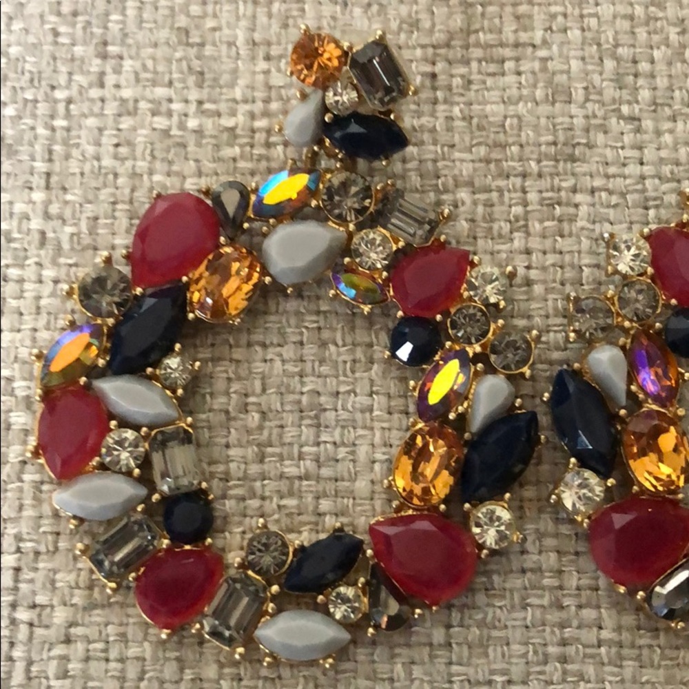 J. Crew Earrings Floral Wreath Gemstones Jewel Dark Peony Red - Picture 6 of 7